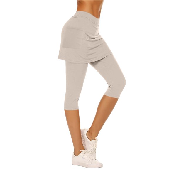 Athletic Skort Leggings - High Waist Yoga Tennis Skirts with Built-in Shorts, Gym Workout Running Bottoms | Yubnlvae (Beige | L)
