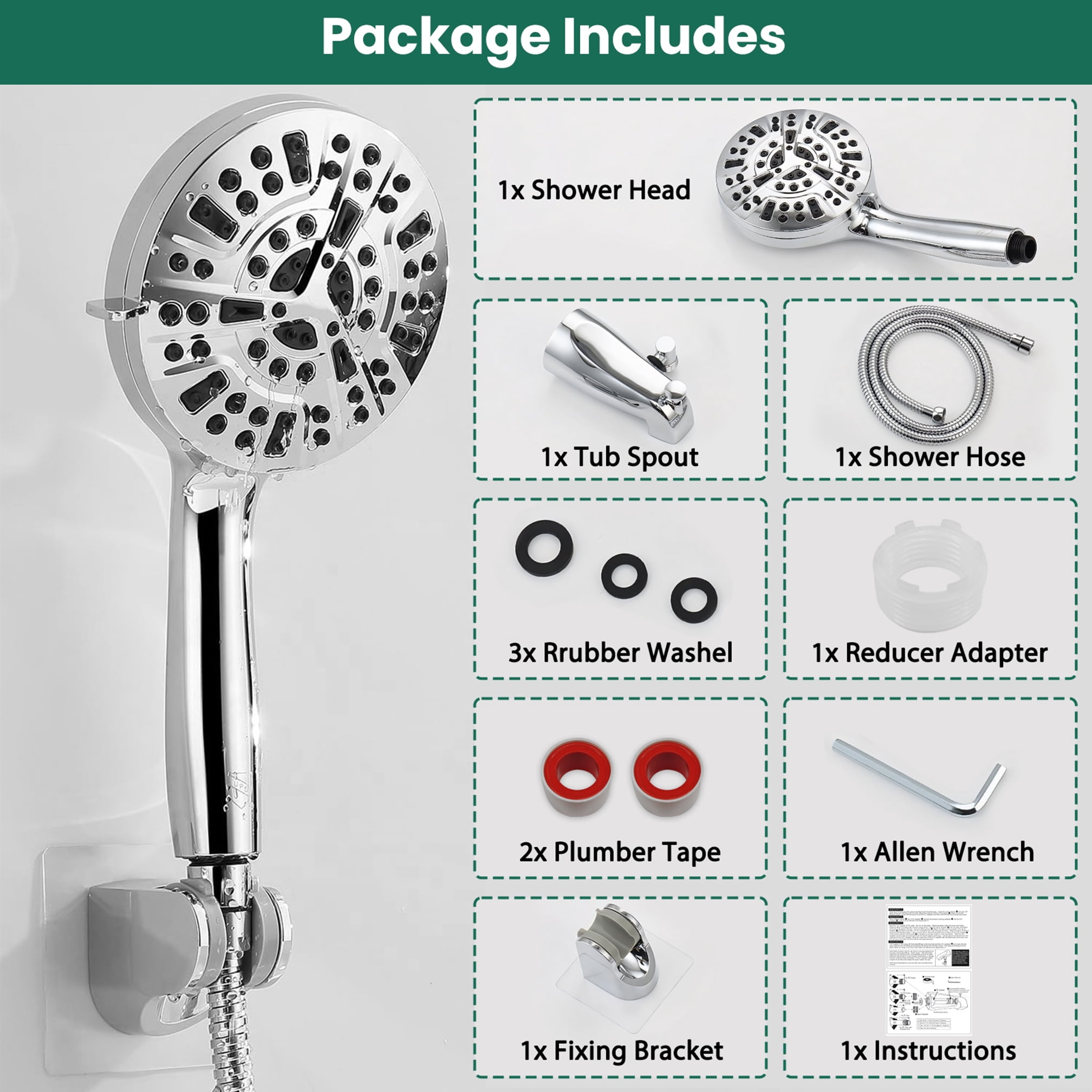 FETERVIC Bathtub Faucet with Sprayer, Slip-on Tub Spout, High Pressure Handheld Shower Head 10 Spray Settings with Diverter