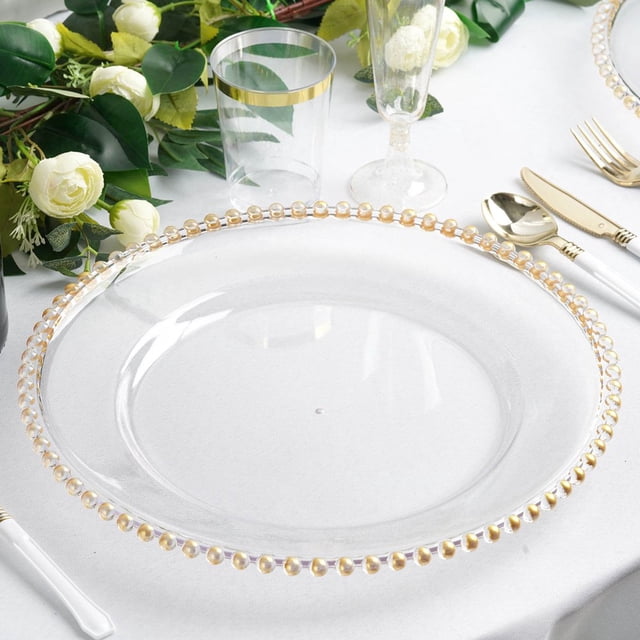 EASTIN 6 Pack 12” Gold Clear Acrylic Round Charger Plates With Beaded Rim Dinner Charger Plates