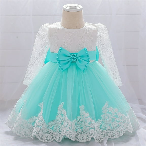 Baby Girl Dress Summer Outfits Ruffle Long Sleeve Lace Bowknot Flower Pageant Party Wedding Princess Dresses Casual Girls Sundress for 6-12 Months