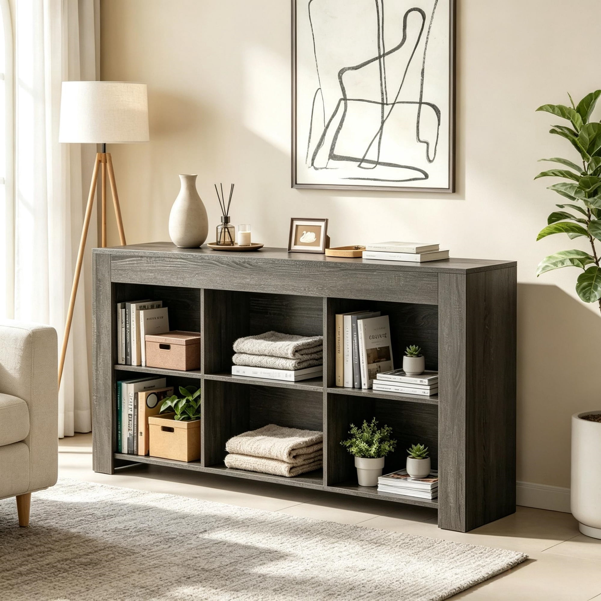 Rustic Wood Console Table with 6 Storage Cubes, 66.93 in L