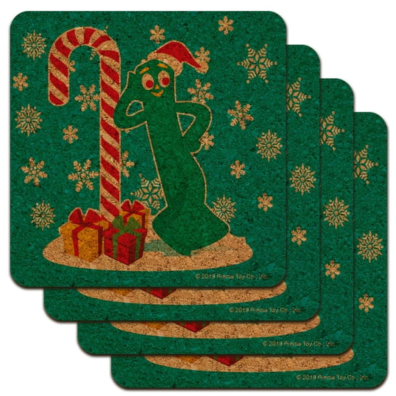 Christmas Gumby Leaning Against Candy Cane Low Profile Novelty Cork Coaster Set