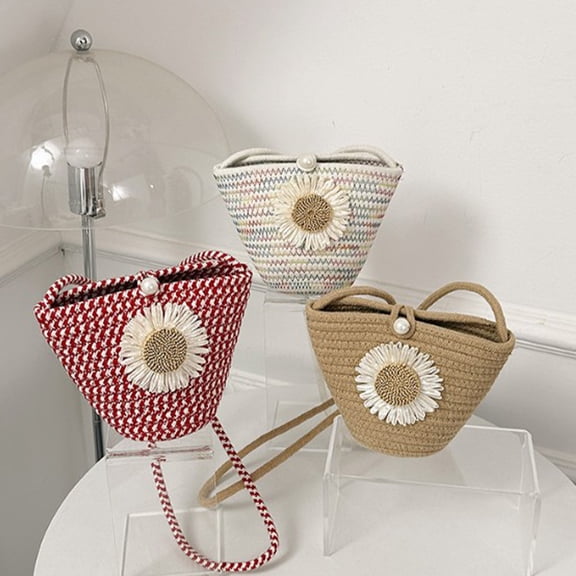 Women's Flower Woven Beach Bag, Sunflower Mobile Phone Tote, Lightweight Summer Vacation Purse, Multi-Color Options, 20x15x9cm