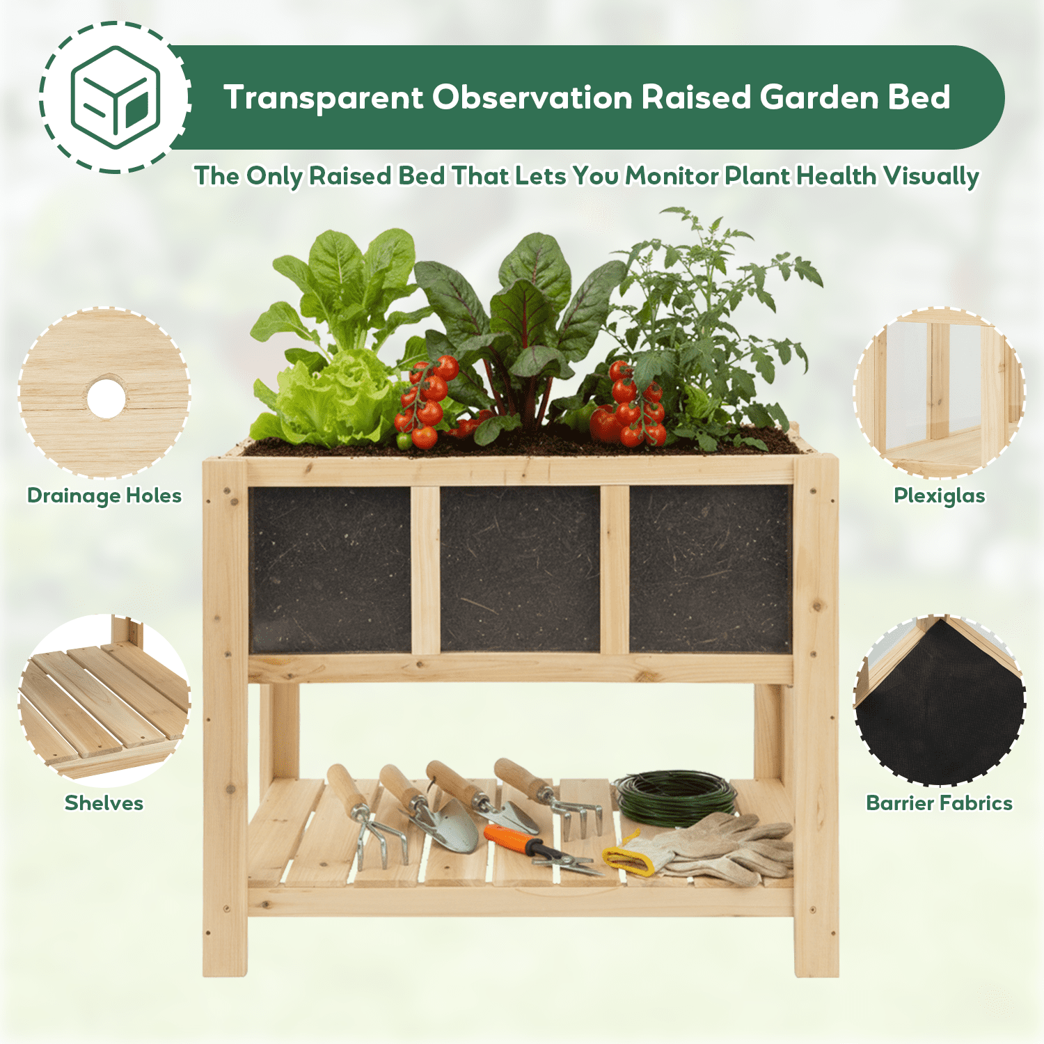 PETSCOSSET Raised Garden Bed with Shelf - Clear Panel - 28.3 x 16.3 x 23.6 in