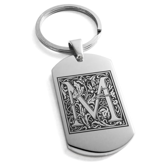 Stainless Steel Letter M Initial Floral Box Monogram Engraved Engraved Dog Tag Keychain Keyring