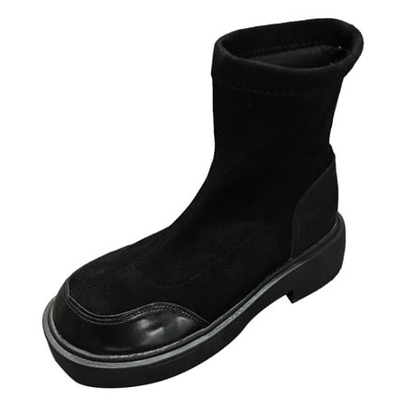 OJSFQUFP Ankle Boots for Women Fashion Women Autumn Flock Solid Thick Sole Square Heels Slip On Short Boots Square Toe Shoes Womens Chelsea Boots Black 39