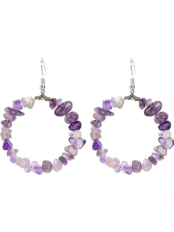 Personalized Natural Stone Earrings, Colorful Natural Stone Geometric Irregular Gravel Beaded Earrings, Round Ring Earrings (Purple)