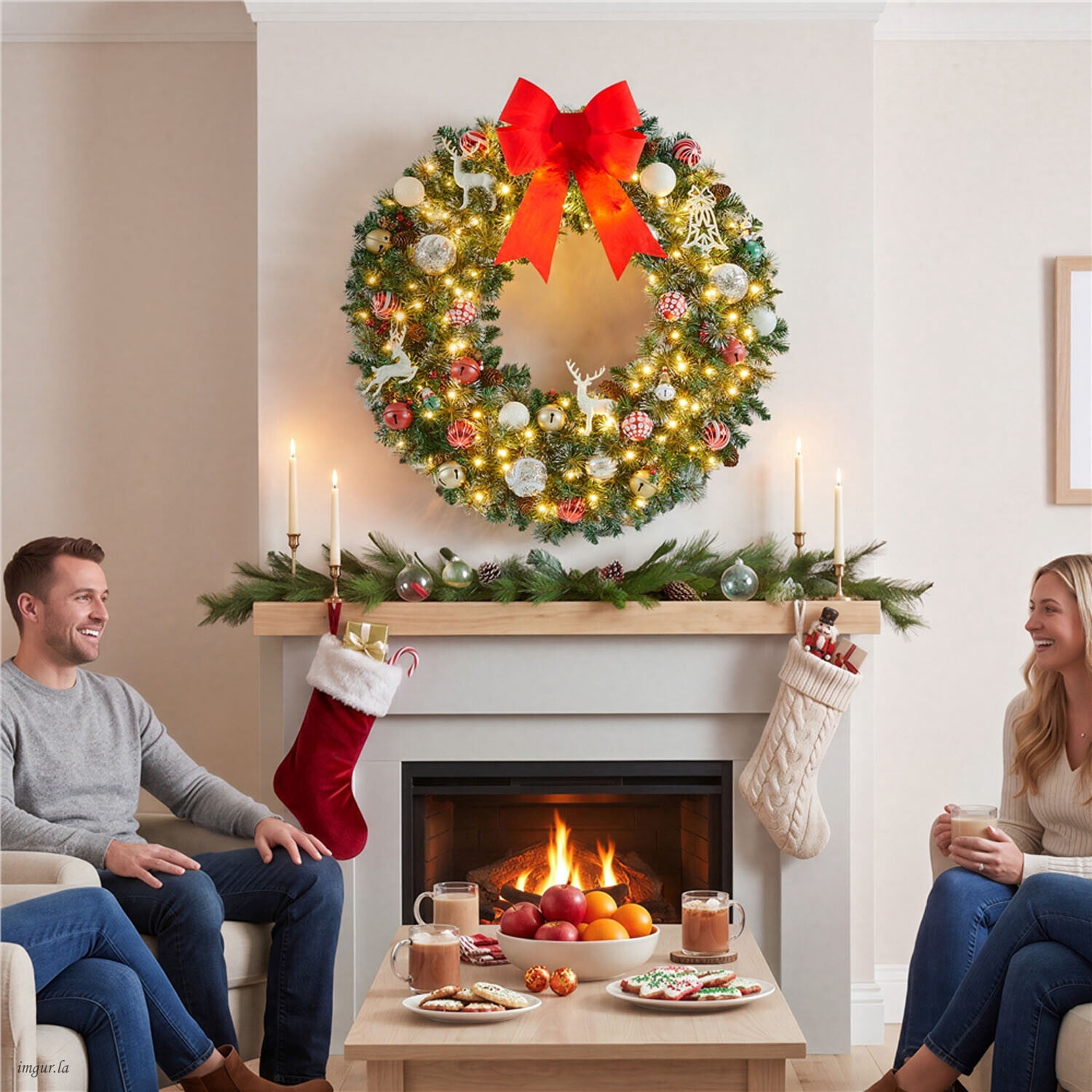 Alden Design 36 Inch Artificial Pre-lit Frosted Christmas Wreath with Bowknot & Pinecones & Holly Berries & LED Lights, Green