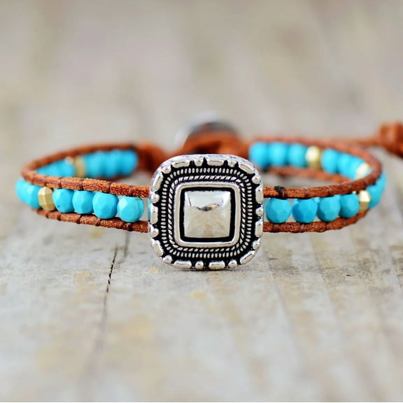 Boho Silvertone Faceted Turquoise Gemstone Beaded Bracelet