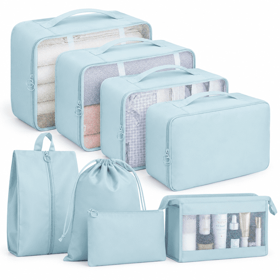 Packing Cubes for Travel,8Pcs Travel Cubes Set Foldable Suitcase Organizer Lightweight Luggage Storage Bag,Blue