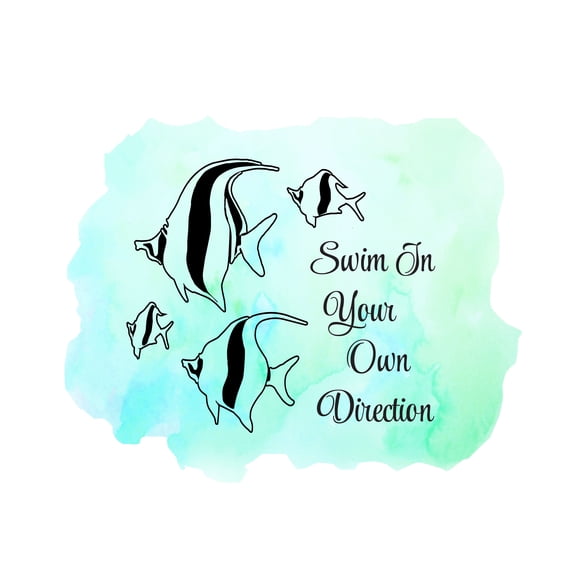 QUOTES - Angel Fish Aquatic Animals Multicolored Background Decoration Swim In Your Own Direction Lettering Art Home Bedroom Inspirational Quotes Wall Decal 20" x 16"