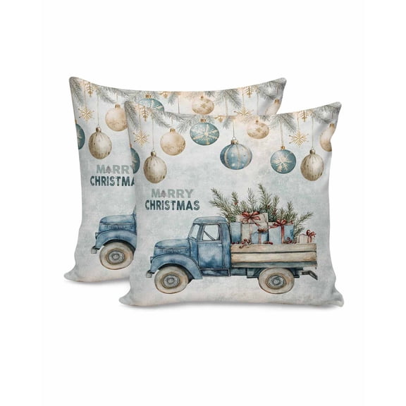 Christmas Decorative Throw Pillow Covers 16x16 Inch Set of 2 Christmas Balls Pillow Cases for Couch, Blue Truck Pine Needles Cushion Case for Living Room Bedroom Bed Car Chair