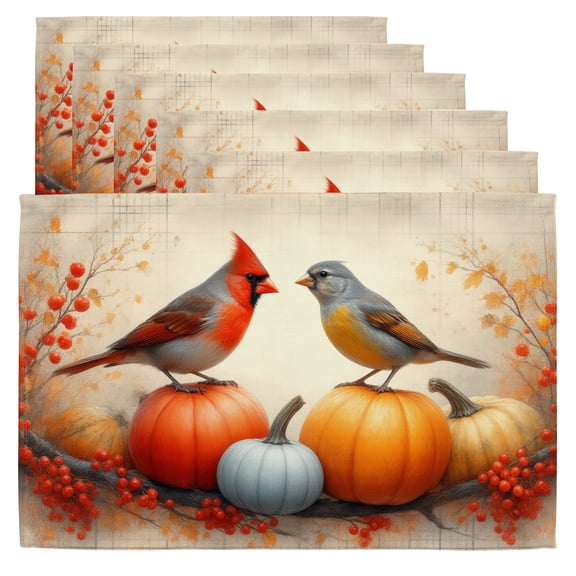 Fall Placemats A couple of birds sitting on top of a pile of pumpkins. Dinner Placemats Set of 6 Rectangle Placemats Fall Decor Kitchen