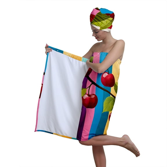 Colevkie 2 Pcs Women Bath Skirt Hair Drying Cap Set Adjustable Soft Bath Wrap Set Towel Shower Cap Sauna Bathroom Beach Printed Cherry Pattern