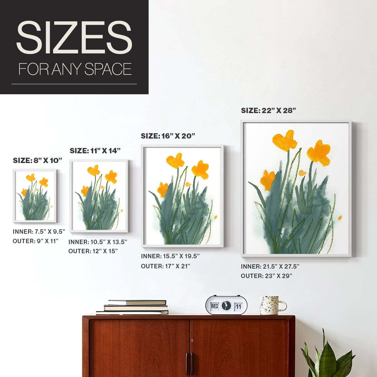 Daffodil Bunch I Framed Print in White Solid Wood Framed Print No Nail Hanging