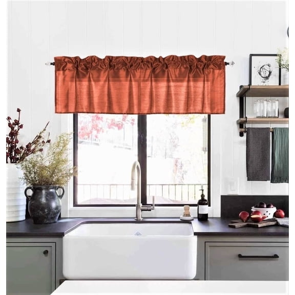 Gorgeous Home Linen 1-Pc S18 Brick Luxury Straight Semi-Sheer Faux Silk Window Curtain Valance Rod Pocket on Top 55" wide X 18" long