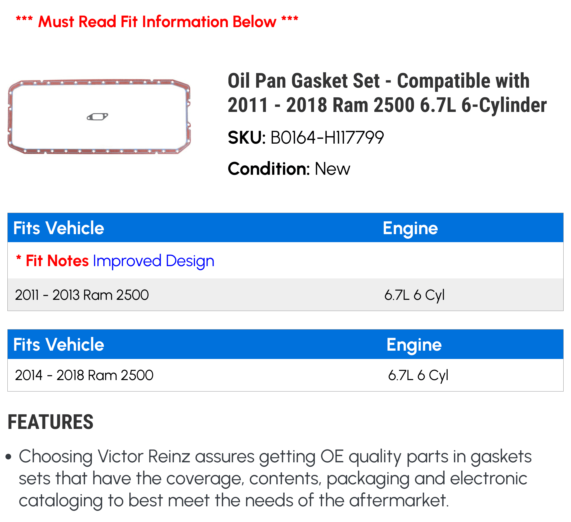 Oil Pan Gasket Set - Compatible with 2011 - 2018 Ram 2500 6.7L 6-Cylinder 2012 2013 2014 2015 2016 2017