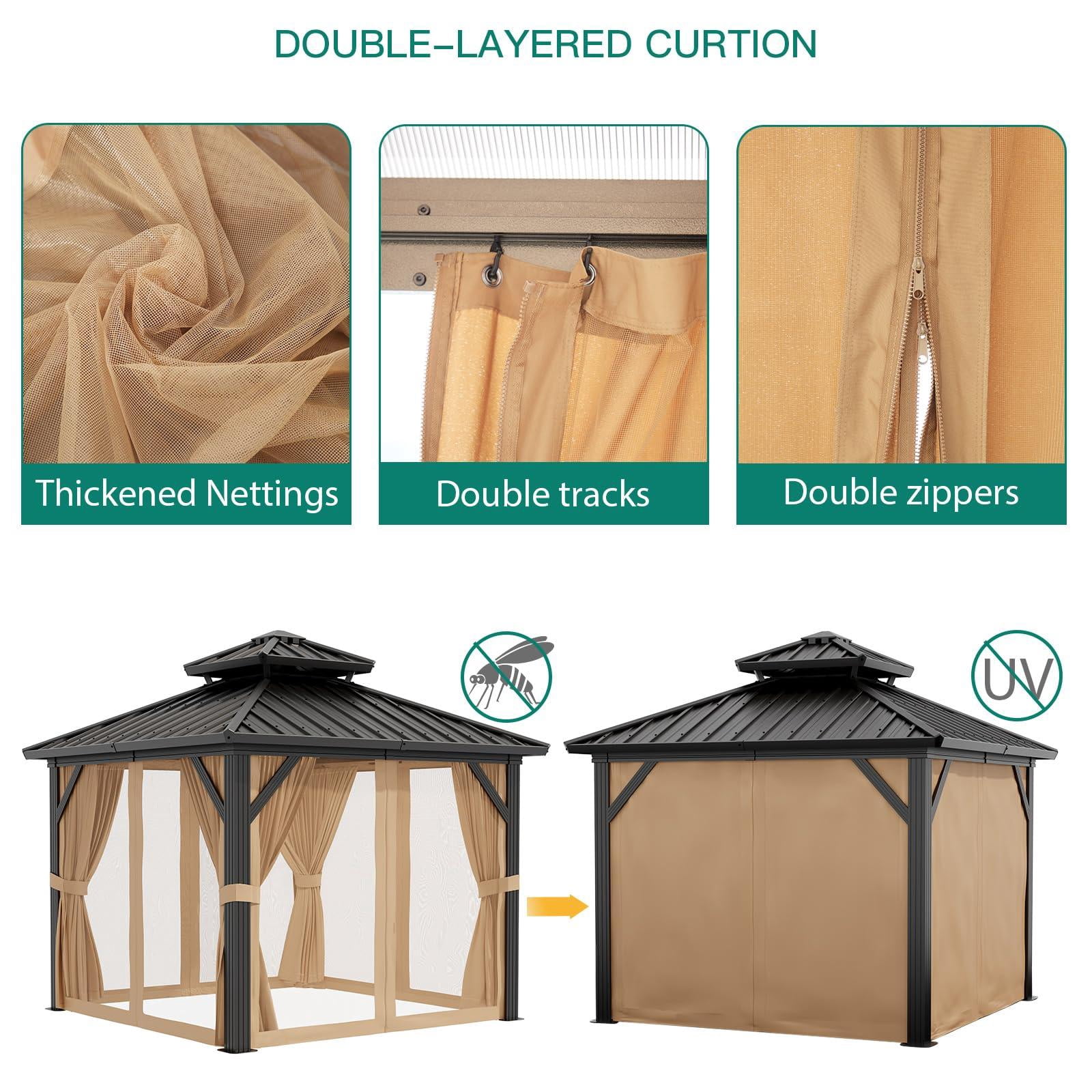 COZONY 10*10ft Hardtop Gazebo, Double Galvanized Steel Roof with Netting & Curtains, Aluminum Frame Pavilion for Patio Terrace Lawn,Black