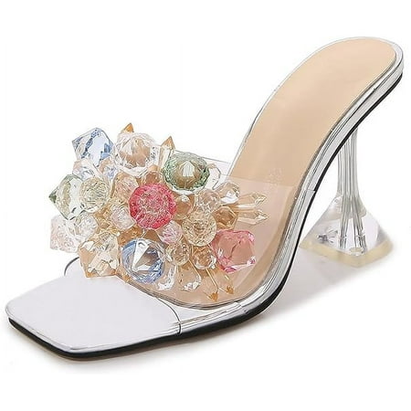 

Women S Pearl Bow Square Toe Stiletto Slides Sandals Elegant Rhinestones clear High Heels Open Toe Slip On Dress slippers For Dinner Party Prom Crystal sandals