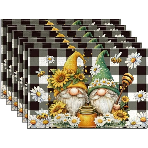 6Pcs Gnome Bee Sunflower Placemats 17.7x11.8 Inch Rectangle Sunflower Summer Table Placemats for Dining Table Decoration Seasonal Spring Polyester Washable Table Mats for Party Restaurants