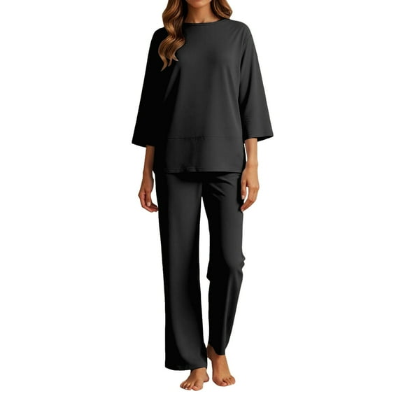 Likimi Two Piece Sets For Women Crew Neck 3/4 Sleeve Solid Color Shirts With Pants Spring Summer Outfit Set Black Size 3Xl