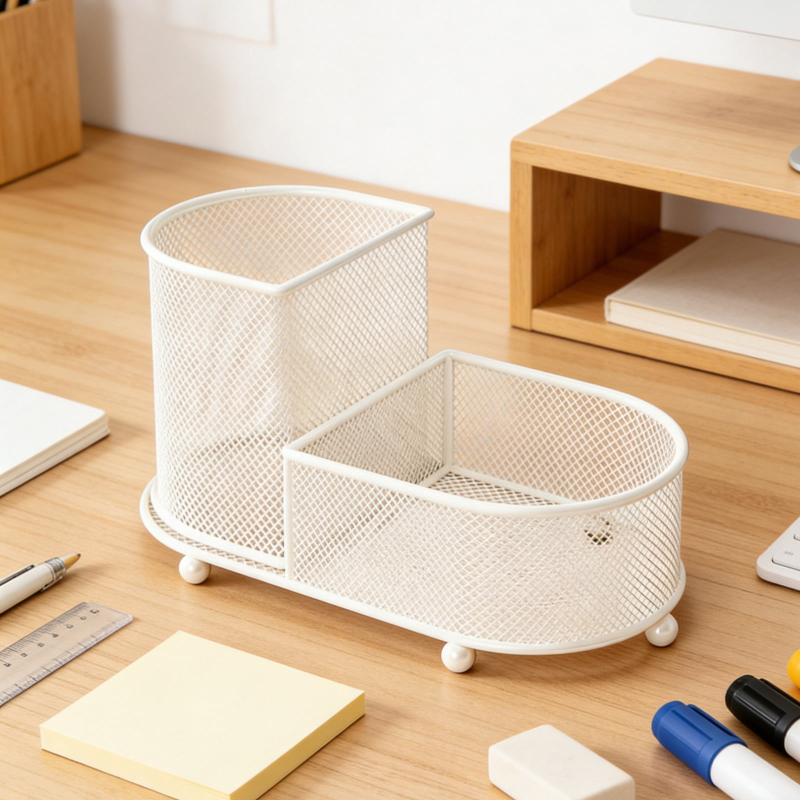 Large Capacity Pen Stationery Organizer Storage Basket - Metal Mesh Desktop Holder, Two Tier Compartment Design, Versatile Office Study Desk Accessory