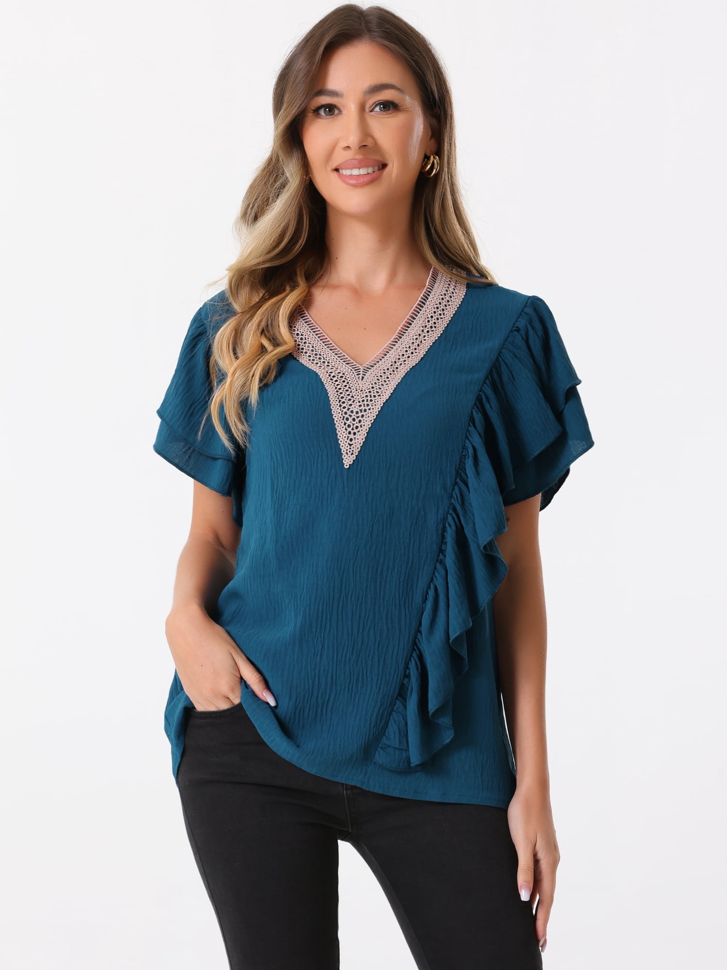DARING DIVA Women's Ruffle Short Sleeve Elegant V Neck Blouse XL Dark Blue