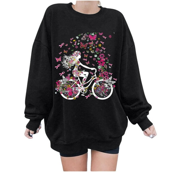 Oalirro Black Crew Neck Summer Long Sleeve Tops for Women Women's Round Printed Loose Fitting Sweatshirts Long Sleeve Hoodless Sweatshirts