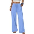 thumbnail image 2 of HKYNLAG Women Linen Pants Summer Casual Loose Wide Leg Palazzo Pants Drawstring High Waist Flowy Beach Trousers with Pockets Light Blue XL, 2 of 7