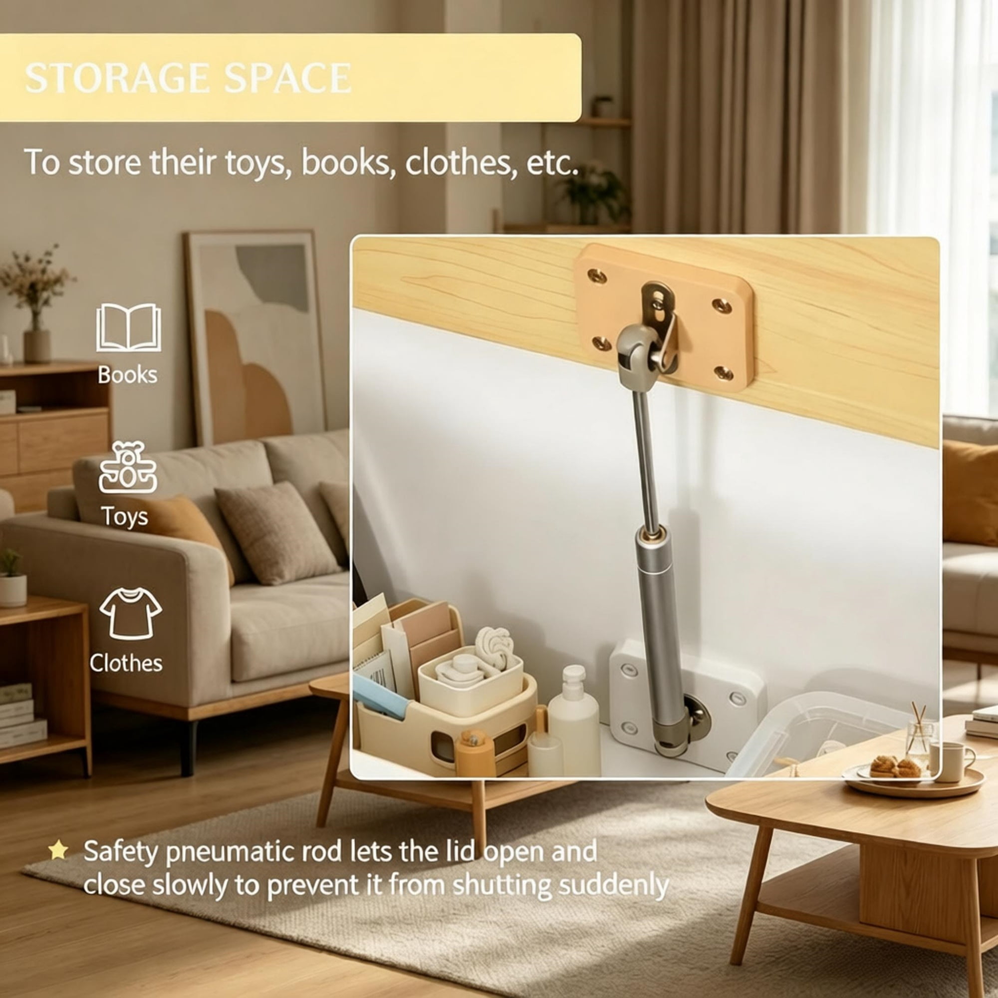 2 in 1 Wooden Toy Organizer Chest Storage Box with Seat Bench Safety Pneumatic Rod Chunk Cube Cabinet, White