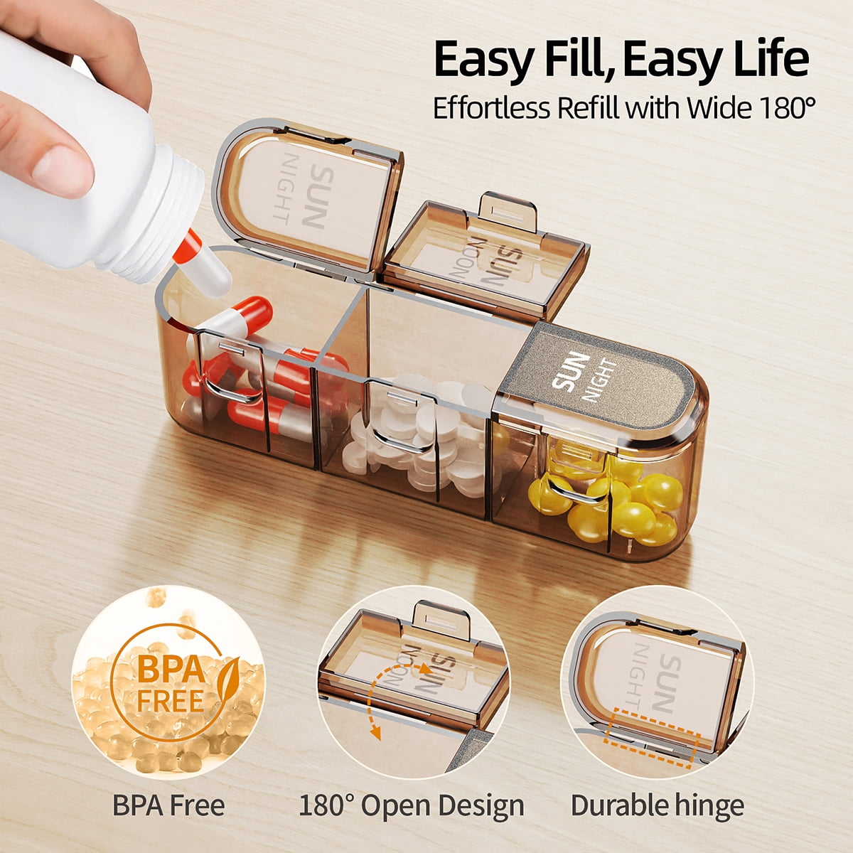 KUEON Weekly Pill Organizer 3 Times a Day, 7 Day Detachable Pill Box (Black)