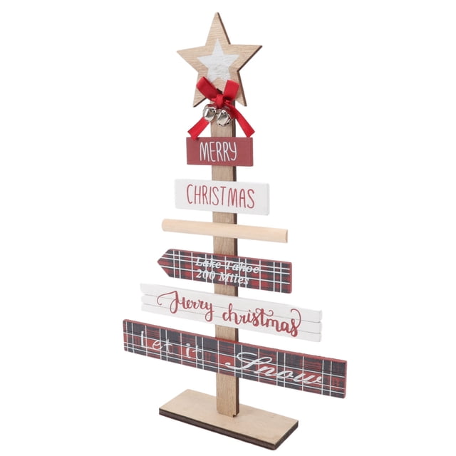 Christmas Signs Decor, Bells Durable Wooden Indoor Christmas Signs in red and white, featuring a layered design resembling a Christmas tree. Made of poplar wood, it includes a star topper, red ribbon with bells, and multiple wooden planks with festive messages like 'Merry Christmas' and 'Let it Snow.' The sign is mounted on a stable wooden base, measuring approximately 22.5x36cm for the sign and 12x5cm for the base. Ideal for indoor Christmas decoration in homes or malls.