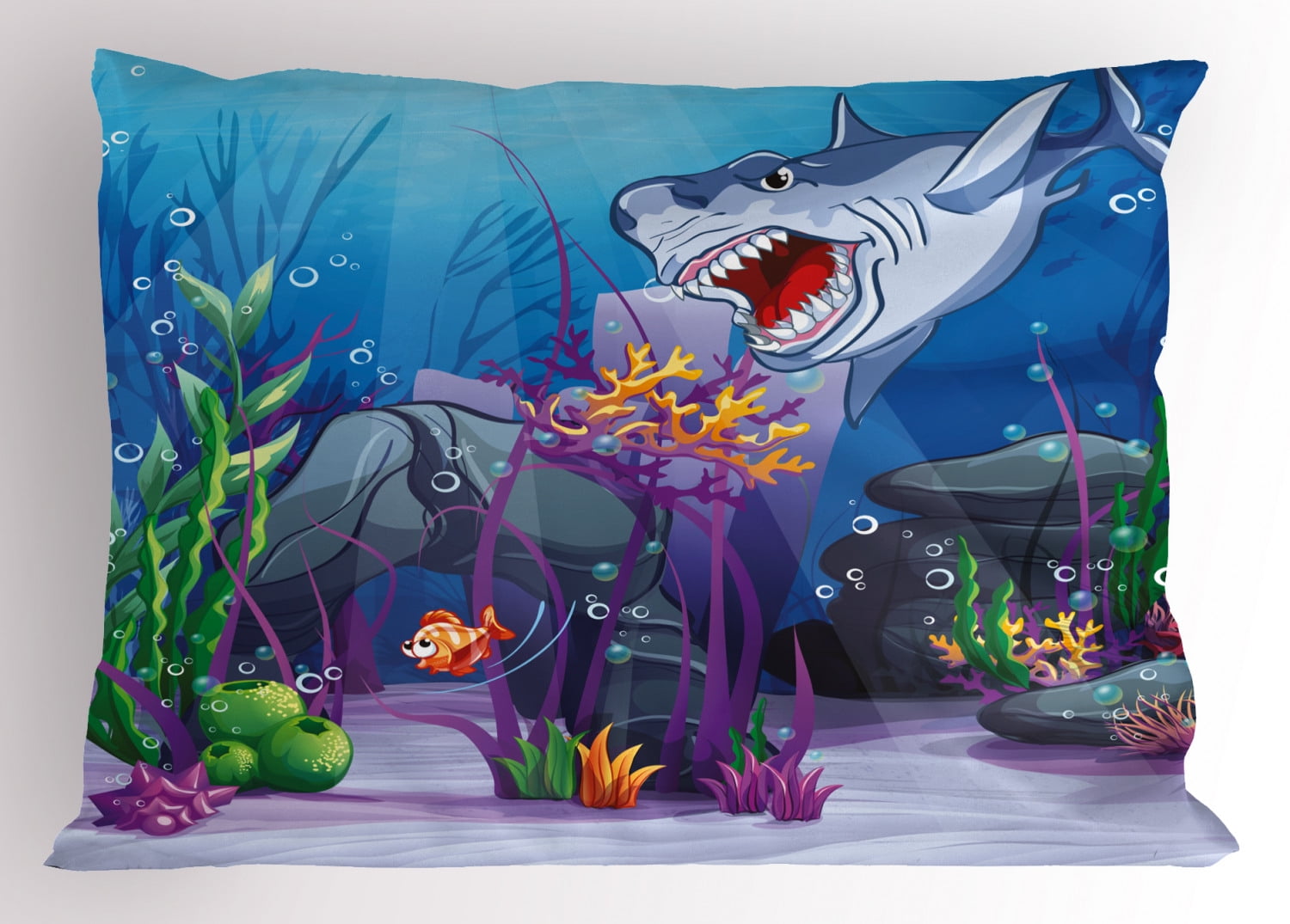 Ocean Pillow Sham Cartoon Style Underwater World Plants and Evil Shark  Chasing Little Fish Illustration, Decorative Standard Queen Size Printed  Pillowcase, 30 X 20 Inches, Multicolor, by Ambesonne 