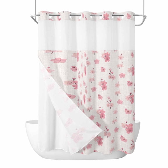 Pink Cherry Blossoms No Hook Shower Curtain with Snap in Liner, Waterproof Fabric Shower Curtains, Spring Floral Flowers Beige Shower Curtain Set Top See Through for Bathroom 72"x84"