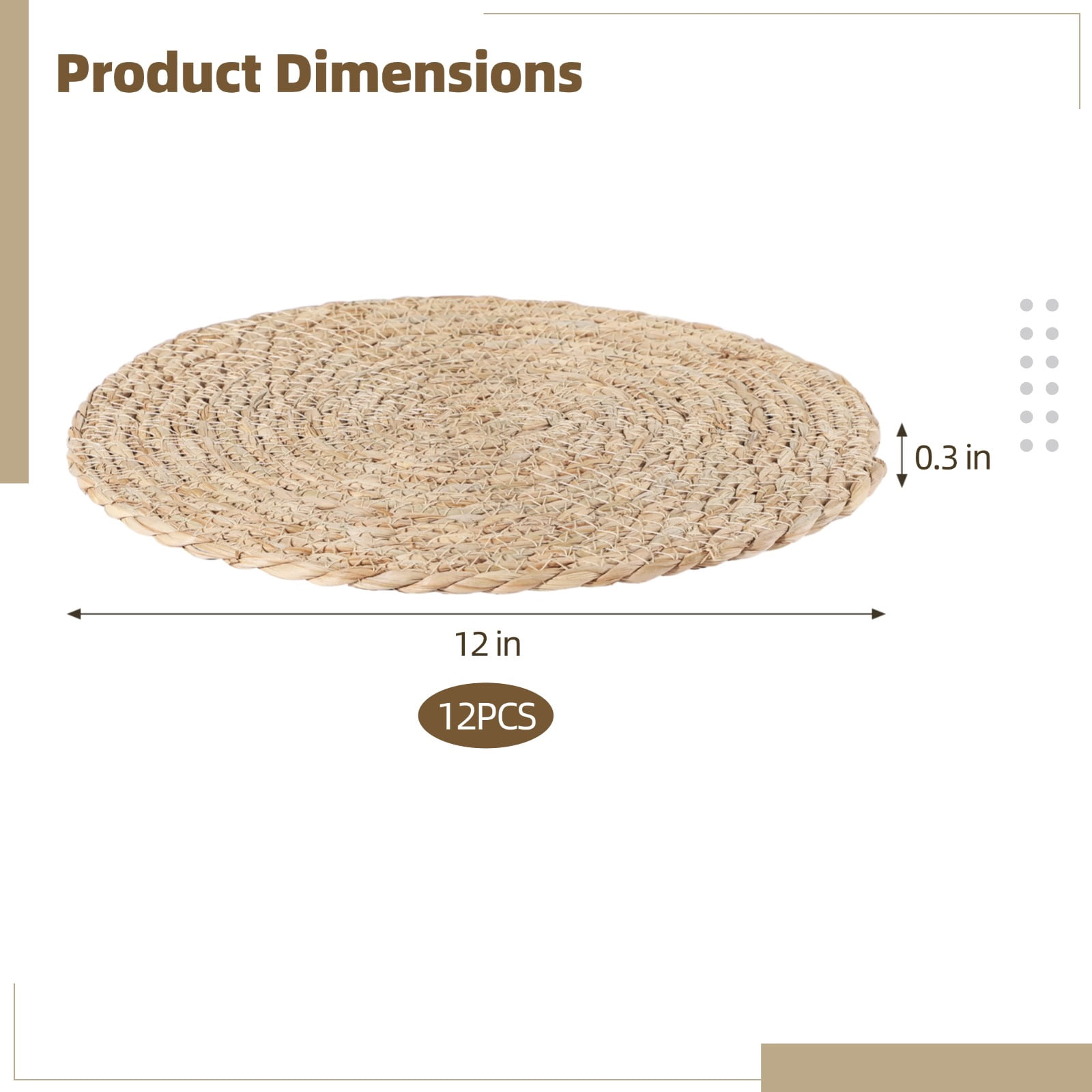 12 Pack Round Woven Placemats - 12 Inch Natural Grass Table Mats | Circle Rattan Table Place Mat for Heat Resistant Protection, Rustic Farmhouse Dining Decor