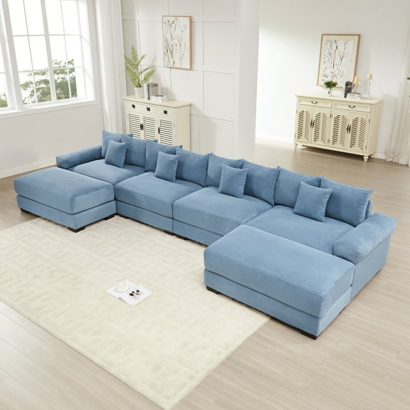170" Oversized Cloud Modular U-Shape Sectional Couch, Blue, Chaise, 8 Pillows | Deep seat, premium fabric, flexible modular design, wide armrests for living rooms