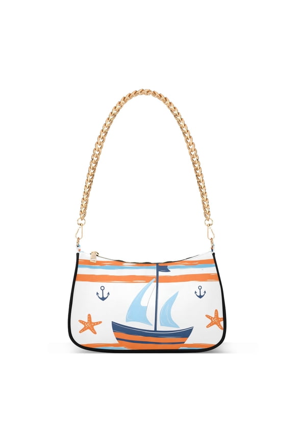 Womens Shoulder Bag with Chain Strap Clutch Purse Cute Tote Handbag, Blue Nautical Pattern