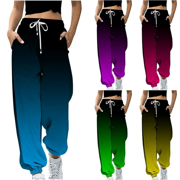 HAPIMO Jogger Sweatpants Sports Running Pants for Women Gradient Elastic Waist Drawstring Trousers Leisure Relaxed Workout Retro Trendy Clothes Blue L