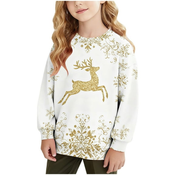 IVEYRTF Kids Cute Christmas Reindeer Print Hoodless Sweatshirt Long Sleeve Round Neck Casual Festive Everyday Top Christmas Gifts for Children 1-15 Years(White,9 Years)
