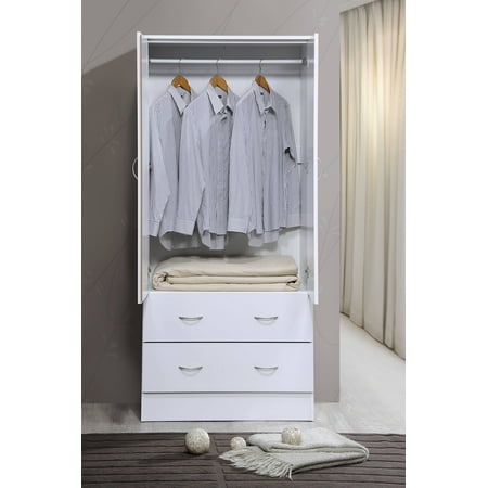 Hodedah Two Door Wardrobe with Two Drawers and Hanging Rod, White
