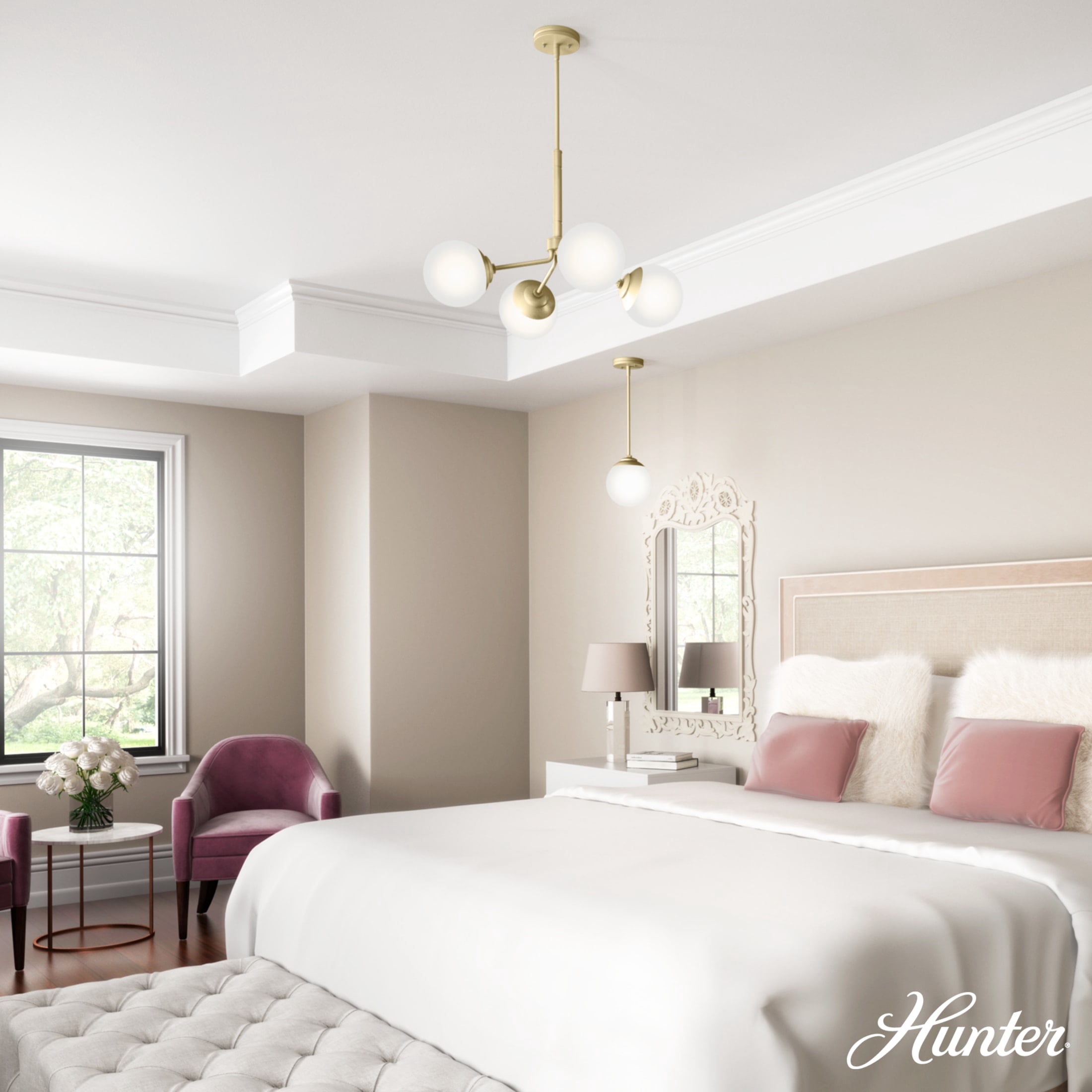 Hunter - Hepburn 4-light Modern Brass, Large Chandelier, Dimmable, Modern Style, Sputnik Shaped, for Bedrooms, Dining, Living Rooms - 19016