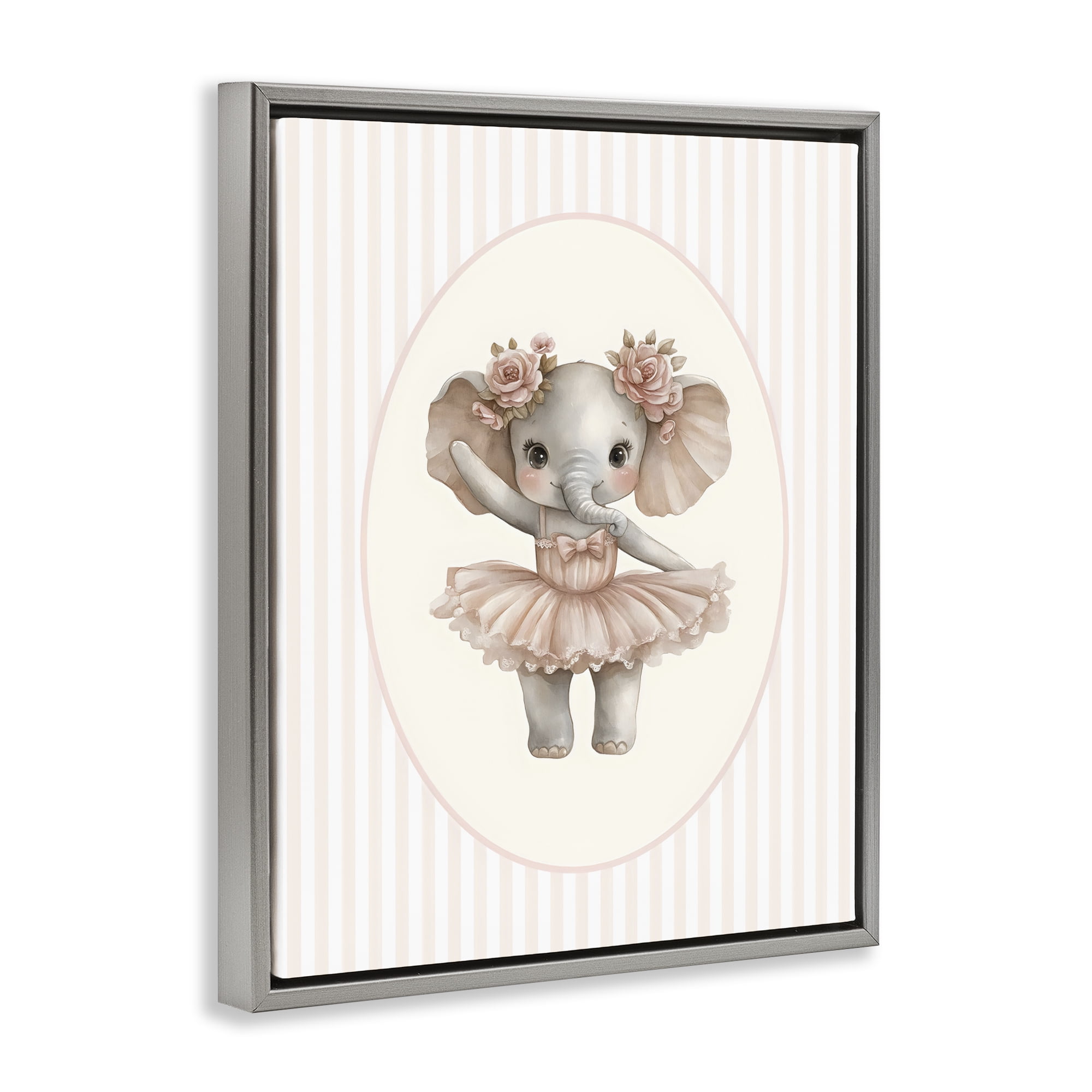 Stupell Industries Nursery Ballerina Elephant Striped Gray Framed Floater Canvas Wall Art, design by LSR Design Studio
