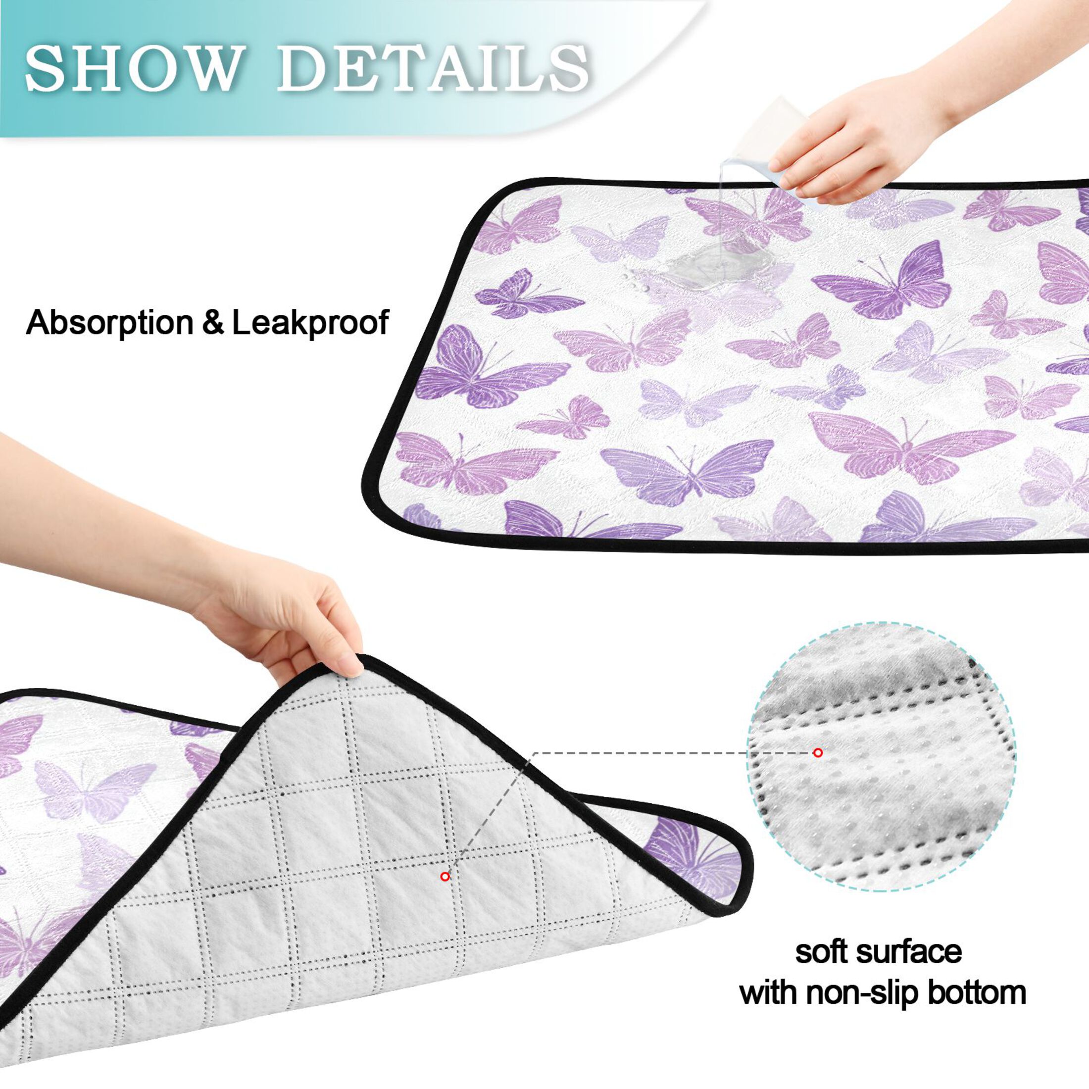 Qxltty Purple Butterfly Cat litter Pads Pet Set of 3 Diaper Mats Center Anti-leakage Layer Absorbent Soft and Comfortable