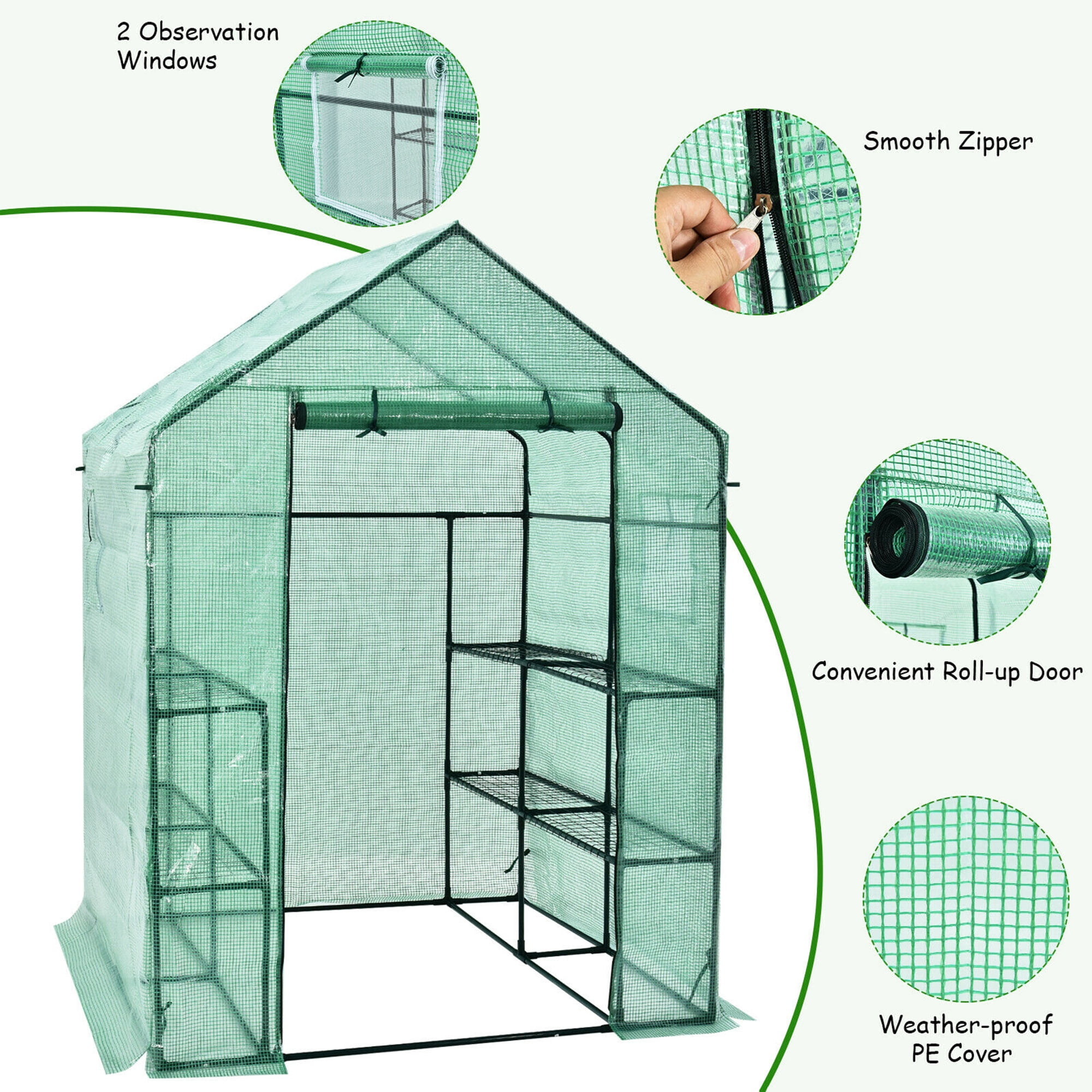 Gymax Walk-in Greenhouse 56''x56''x77'' Gardening w/Observation Windows 2 Tier 8 Shelves