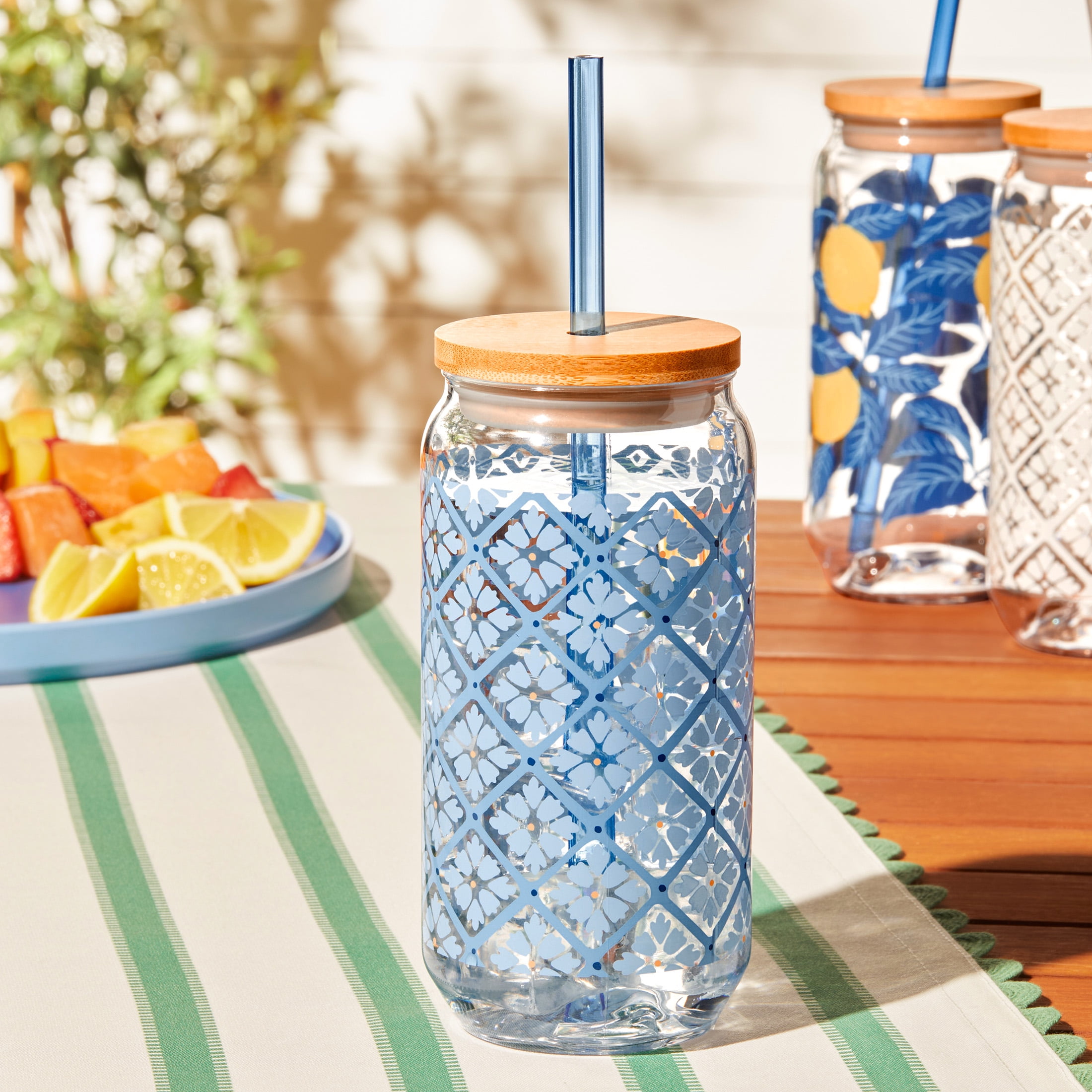 Mainstays by Becky G. & Alejandra 20-Ounce Acrylic Can Shape Tumbler, Blue Tile Pattern