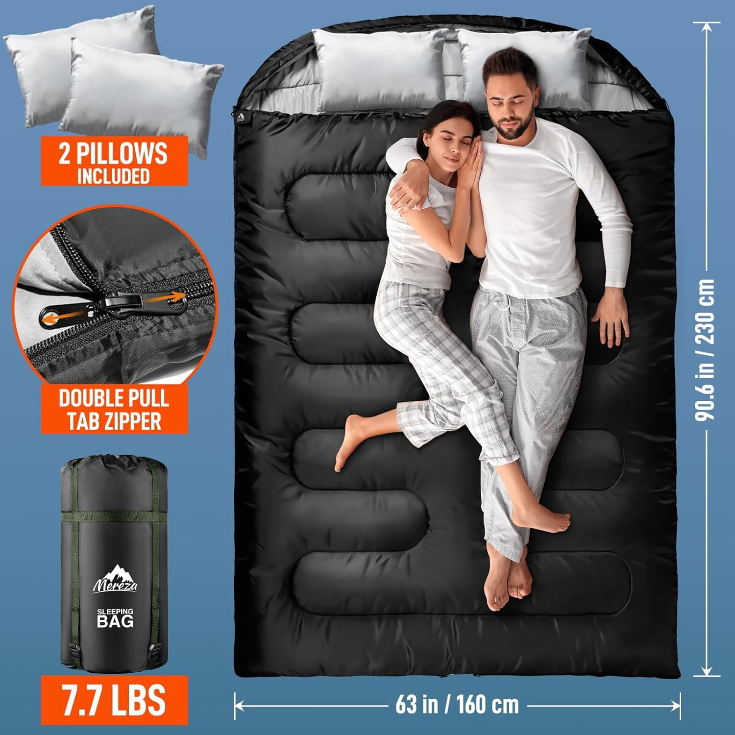 Double Sleeping Bag for Adults Mens with Pillow, XL Queen Size Two Person Sleeping Bag for All Season Camping Hiking Backpacking 2 Person Sleeping Bags for Cold Weather & Warm