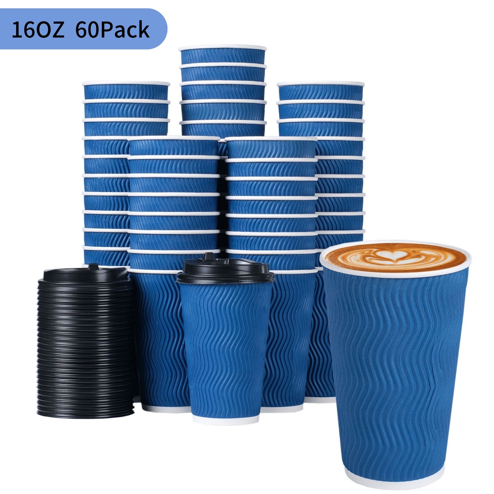 Lamosi 60 Pack 16 oz Coffee Cups with Lids Disposable Paper Cups Ripple