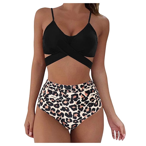 Traje de baño de dos piezas con estampado de leopardo cruzado de cintura alta dividido sexy BIKINI para mujer