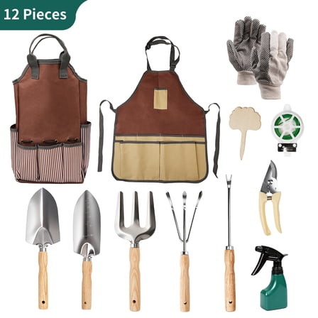 Garden Tool Set, Qissep 12 Piece Stainless Steel Heavy Duty Gardening Tools Set with Ergonomic Handles & Durable Organizer Handbag,Ideal Gardening Gifts for Mothers, Father,Gardener, Beginners