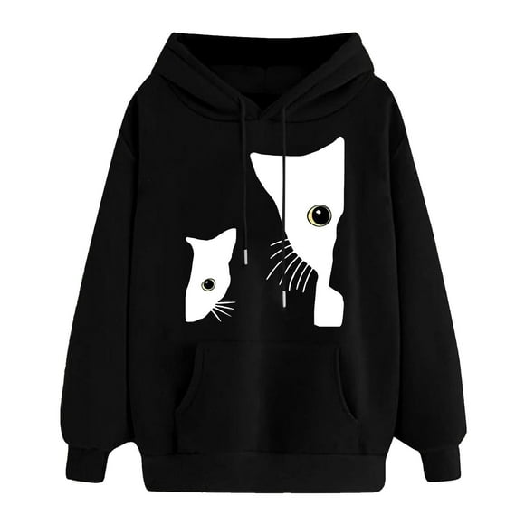 Huaizzzy Women's Oversized Pullover with Hood Loose Long Sleeved Sweatshirt with Pockets Cat Print Hoodie Sweatshirt Hoodies for Women Casual Zip up Hoodie Women Womens Lightweight Sweatshirt Womens